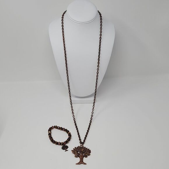 Tree of Life Necklace Bracelet Set Dark Coppertone Matinee Faceted Glass Beads - Picture 2 of 8